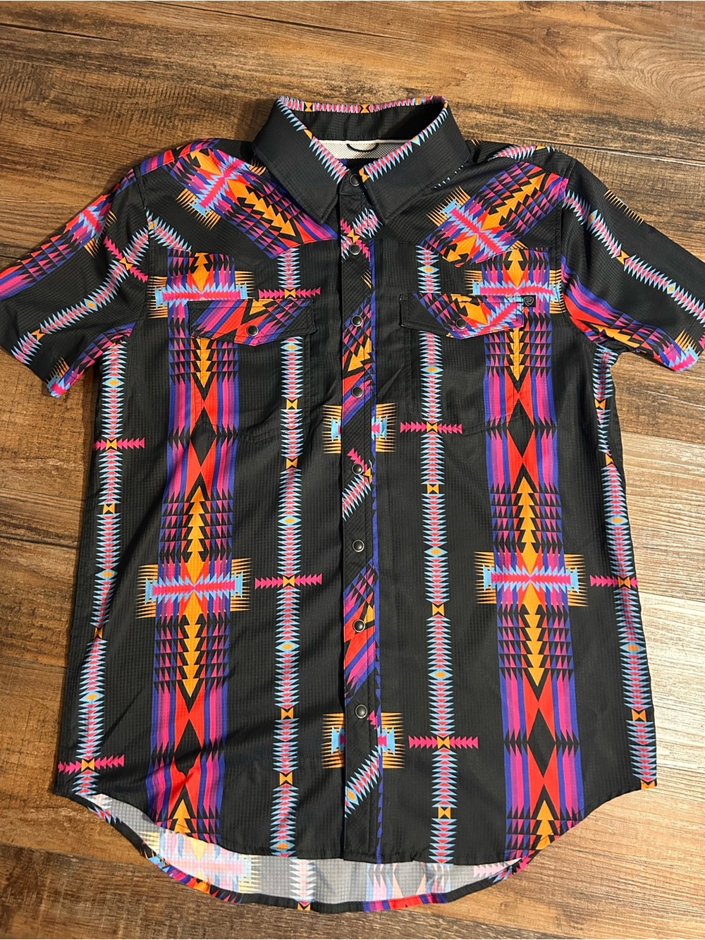 Rock & Roll Denim Short-Sleeve Black Aztec Button-Down Shirt with Neon colors